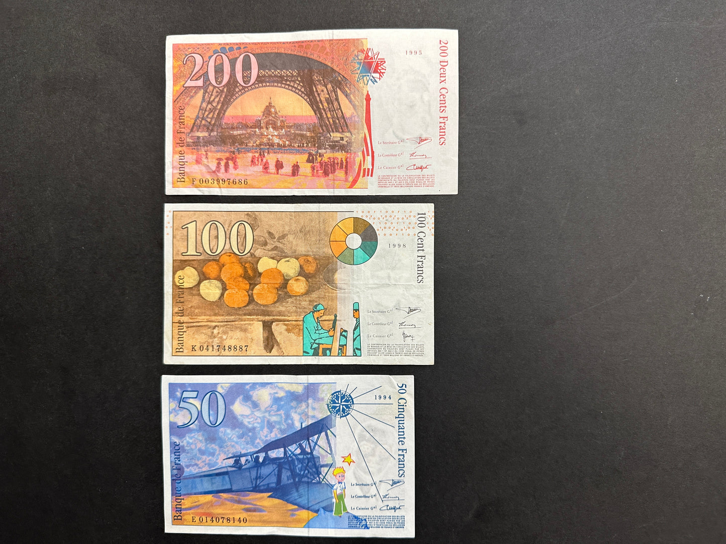 Set of 3 French Franc Banknotes from the 1990s - 200, 100 and 50 Francs