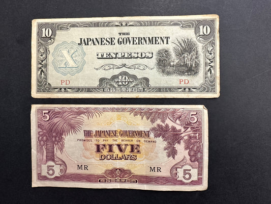 Japanese 10 Pesos and 5 Dollars Banknotes - Interesting Set